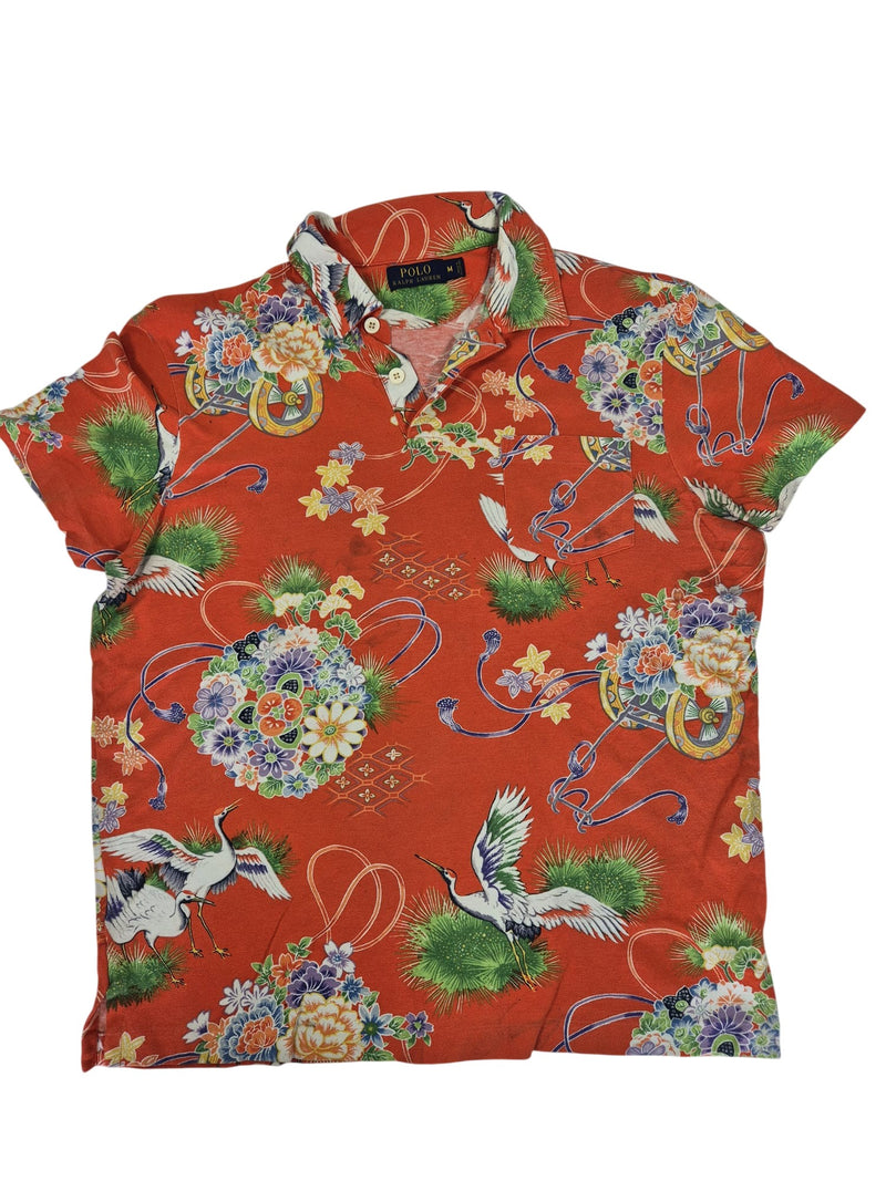 Polo Ralph Lauren Pique Polo Shirt Crane Floral Print Orange Size M