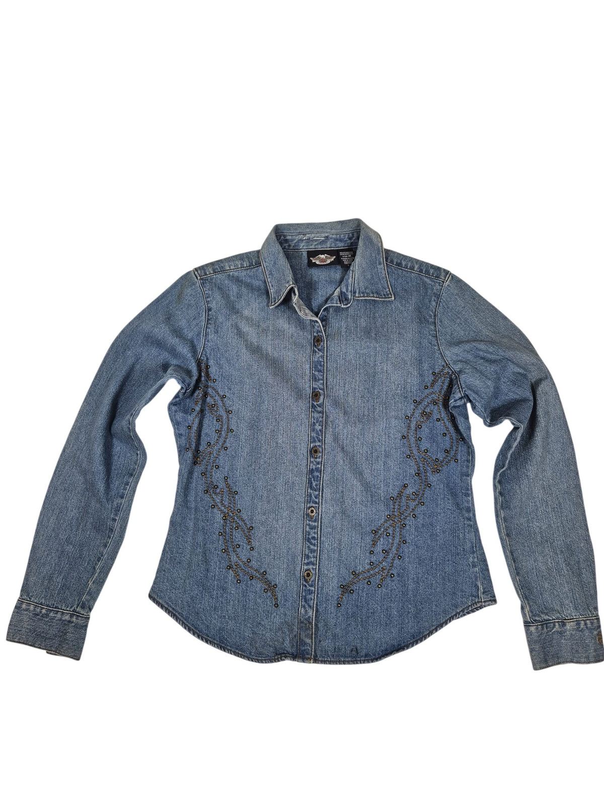 Harley-Davidson Embroidered Denim Snap Shirt Light Wash Western Size L