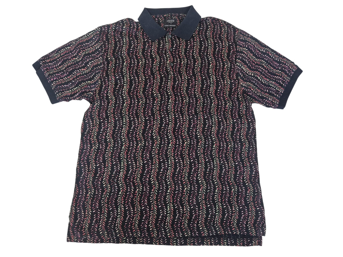IZOD Golf Polo Shirt Black Leaf Print Double Mercerized Cotton Size M
