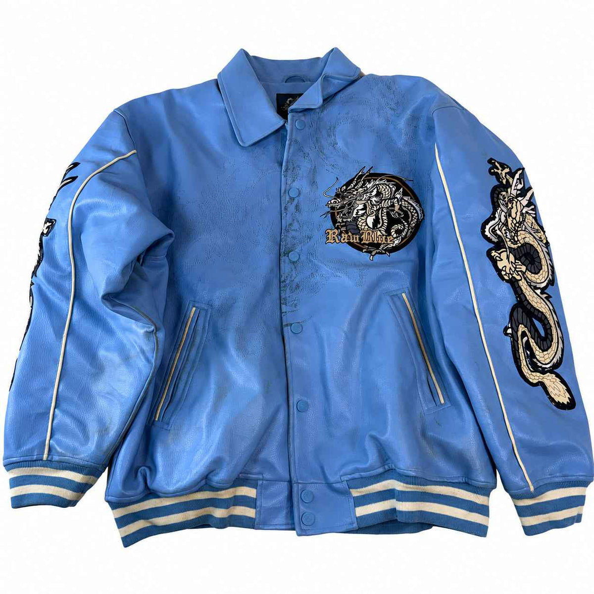 Raw Blue Faux Leather Varsity Jacket with Dragon Embroidery – Size XL
