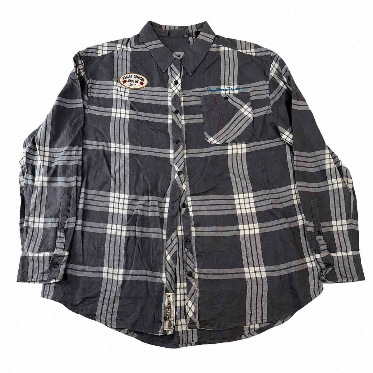 Harley-Davidson Grey & White Plaid Flannel Button-Up Shirt, Men's XL