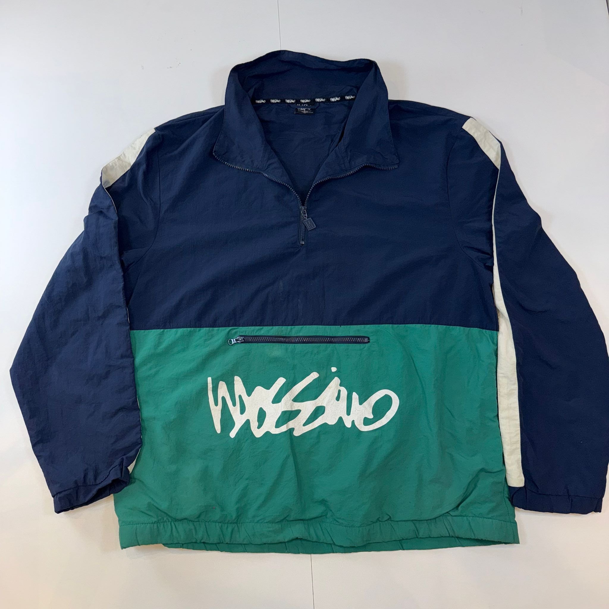 Vintage Mossimo Windbreaker Jacket XL Blue Green Pullover 1/4 Zip Spell Out Logo Y2K