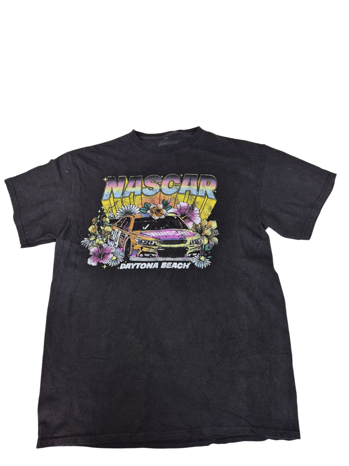 NASCAR Daytona Beach Graphic T-Shirt Floral Race Car Faded Black Size L