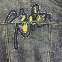 AKDMKS Cropped Denim Jacket Distressed Embroidered Dark Indigo UK 8 Y2K