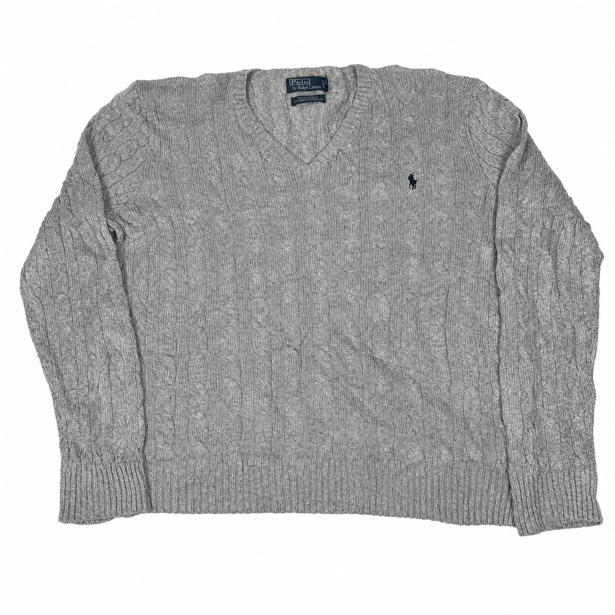 Polo Ralph Lauren Cable Knit Jumper Grey Silk V-Neck Mens Size XL