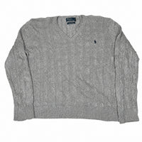 Polo Ralph Lauren Cable Knit Jumper Grey Silk V-Neck Mens Size XL