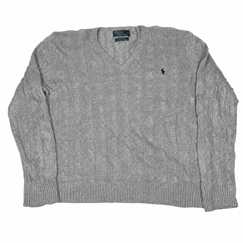 Polo Ralph Lauren Cable Knit Jumper Grey Silk V-Neck Mens Size XL