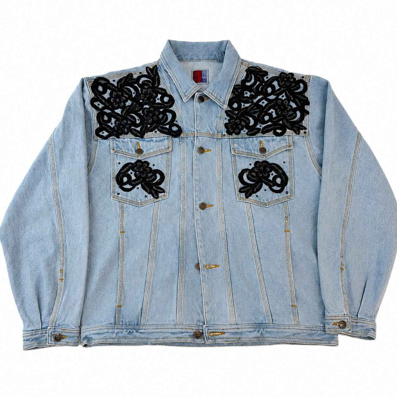 Sun Belt Denim Vintage Reworked Trucker Jacket with Lace Appliqué — Size L
