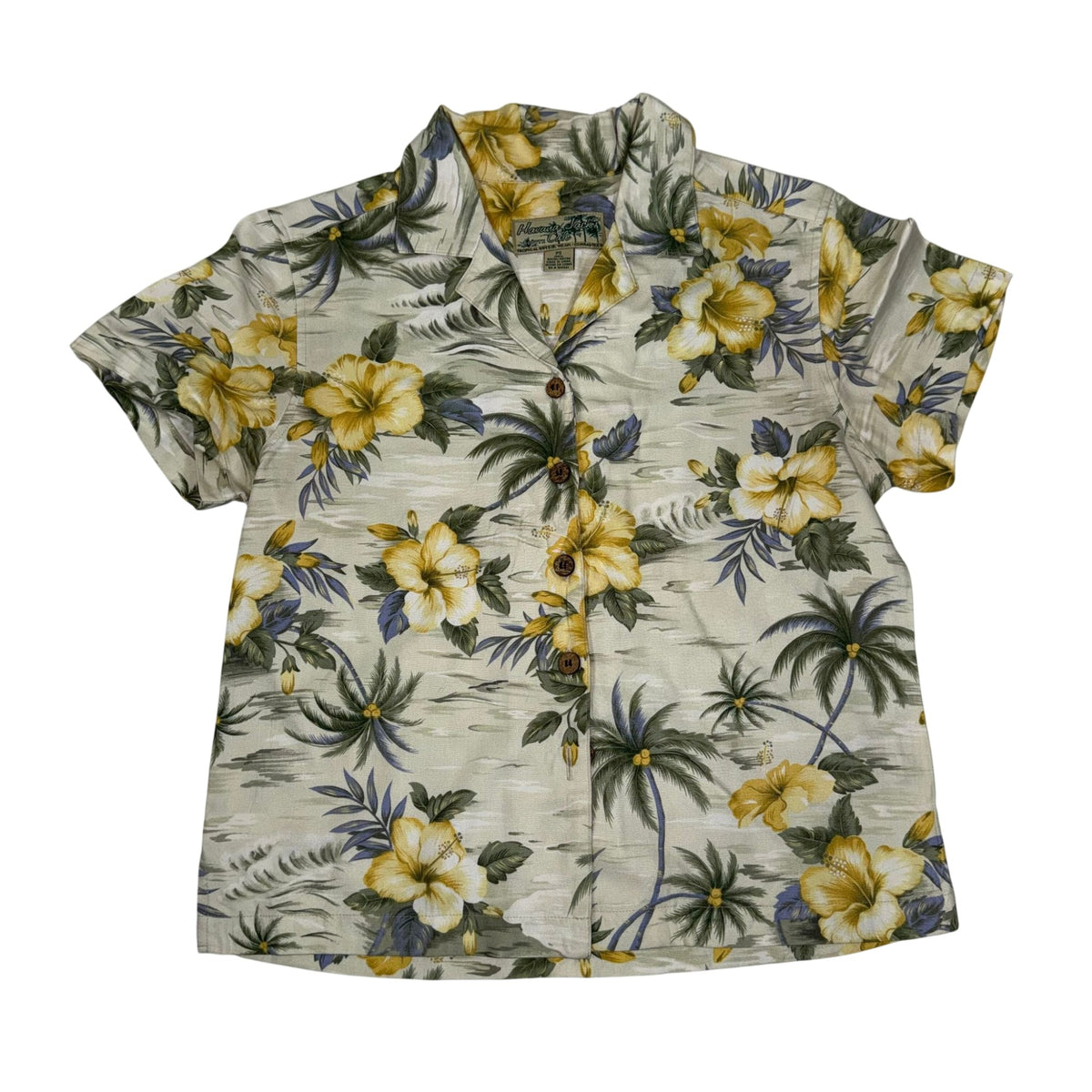 Havana Jack's Cafe Cream Yellow Hawaiian Shirt Coconut Buttons Petite Size PS