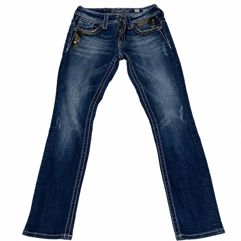 Miss Me Embellished Straight Leg Jeans Dark Blue Sequin Pockets 27