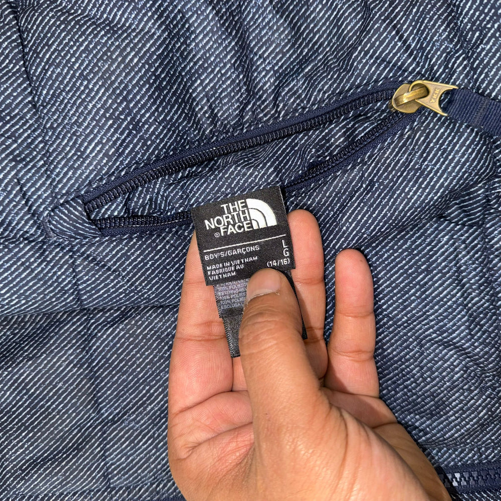 The North Face Reversible Sherpa Fleece Puffer Jacket Boys LG 14/16 Navy Brown Winter Coat