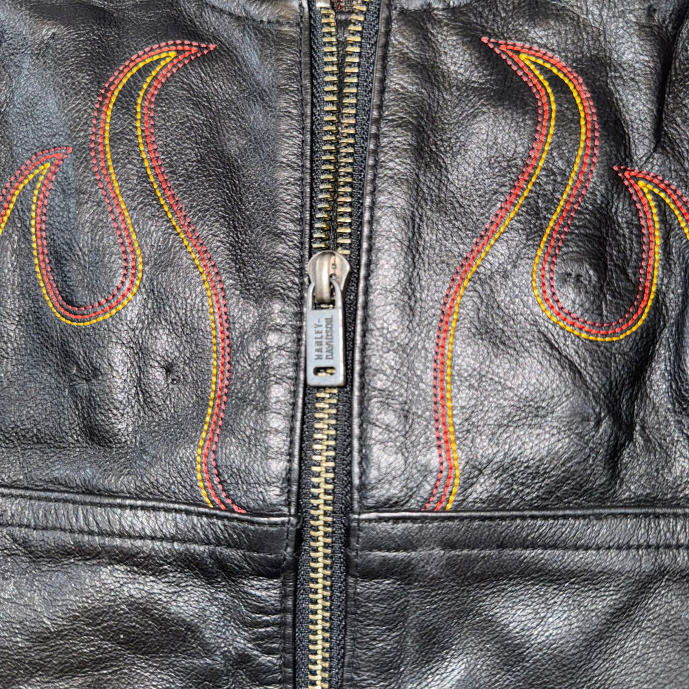 Harley-Davidson Genuine Leather Flame Vest Black Women's Medium M Biker Motorcycle Y2K