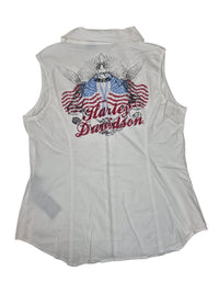 Harley-Davidson Womens Sleeveless Zip Shirt Rhinestone American Flag White Size L