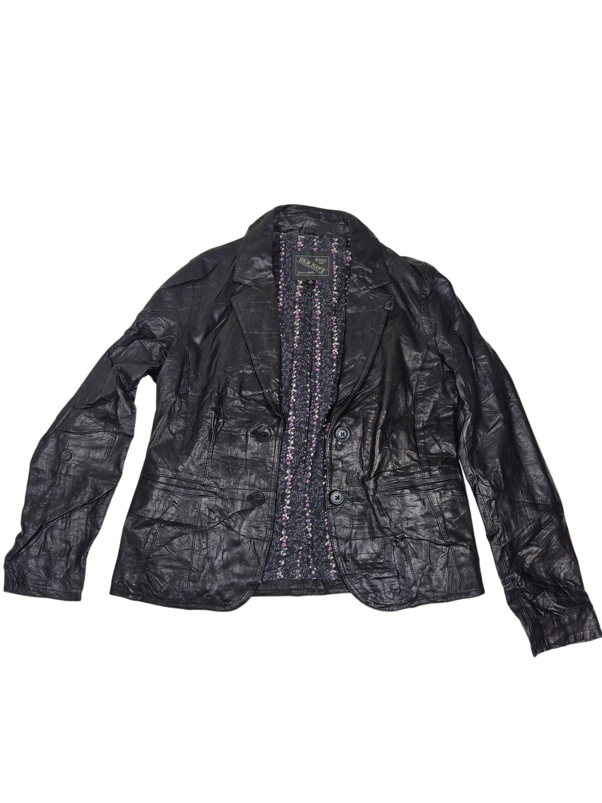 Old Navy Genuine Leather Blazer Black Floral Lining Notch Lapel Size M