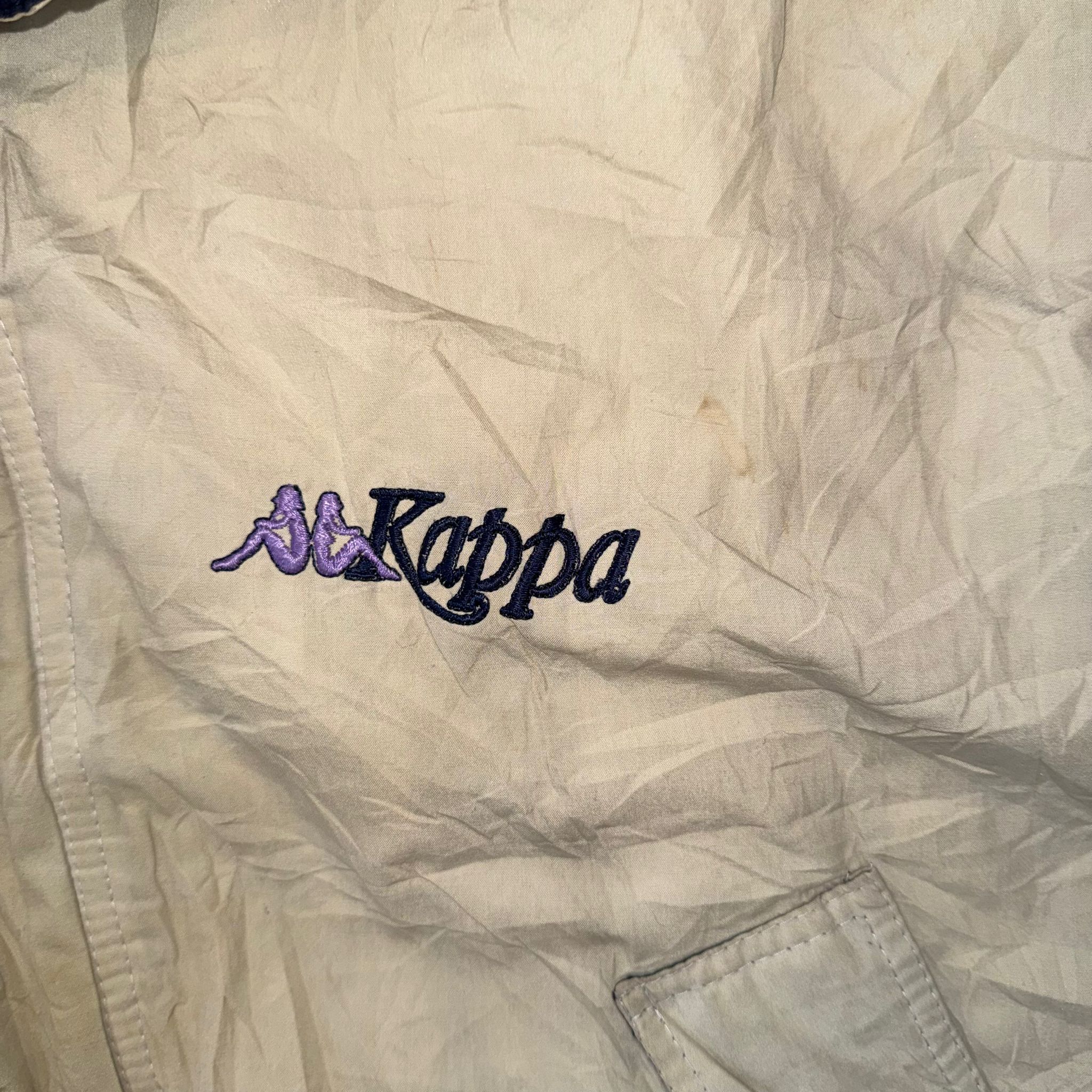 Vintage Kappa Puffer Jacket XL Beige Cream Navy Embroidered Logo 90s Y2K Oversized Coat