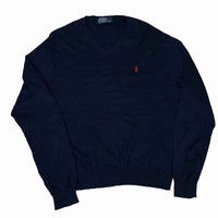 Polo Ralph Lauren V-Neck Jumper Navy Fine Knit Mens Size L