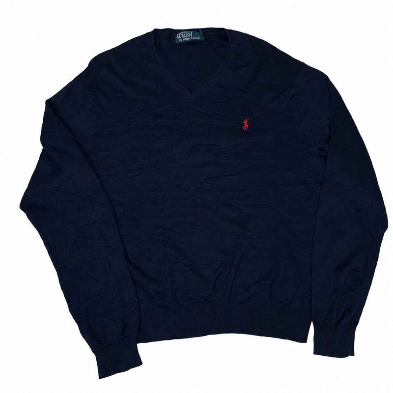 Polo Ralph Lauren V-Neck Jumper Navy Fine Knit Mens Size L
