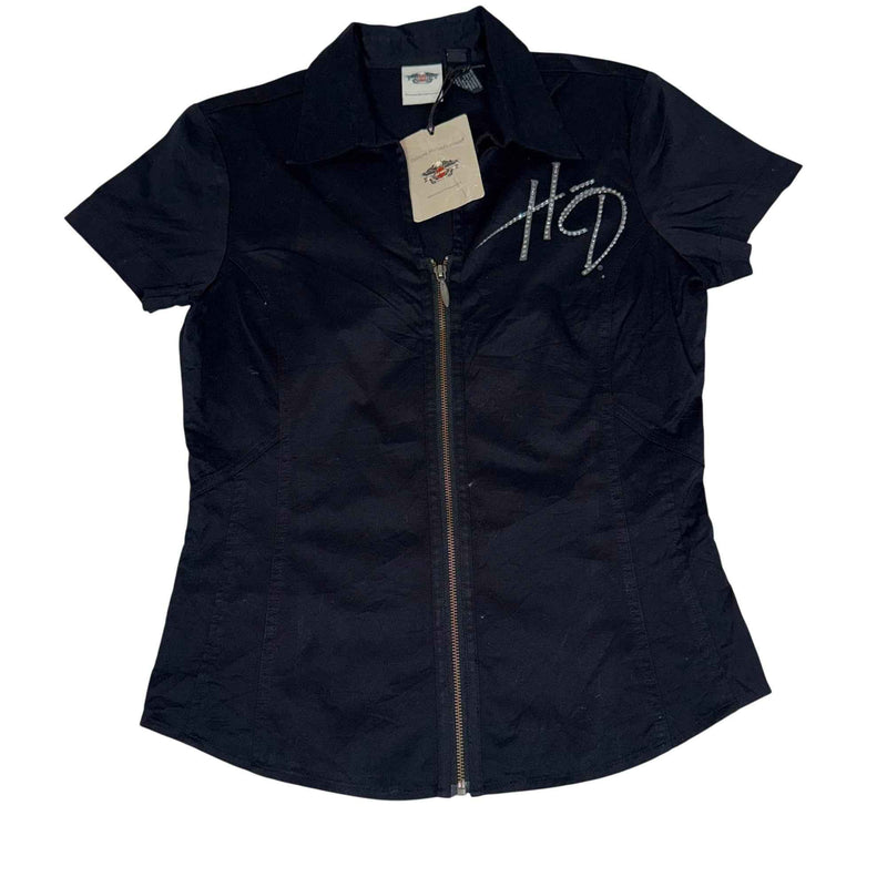 Harley-Davidson Rhinestone Zip Shirt Black Biker Size M New With Tags