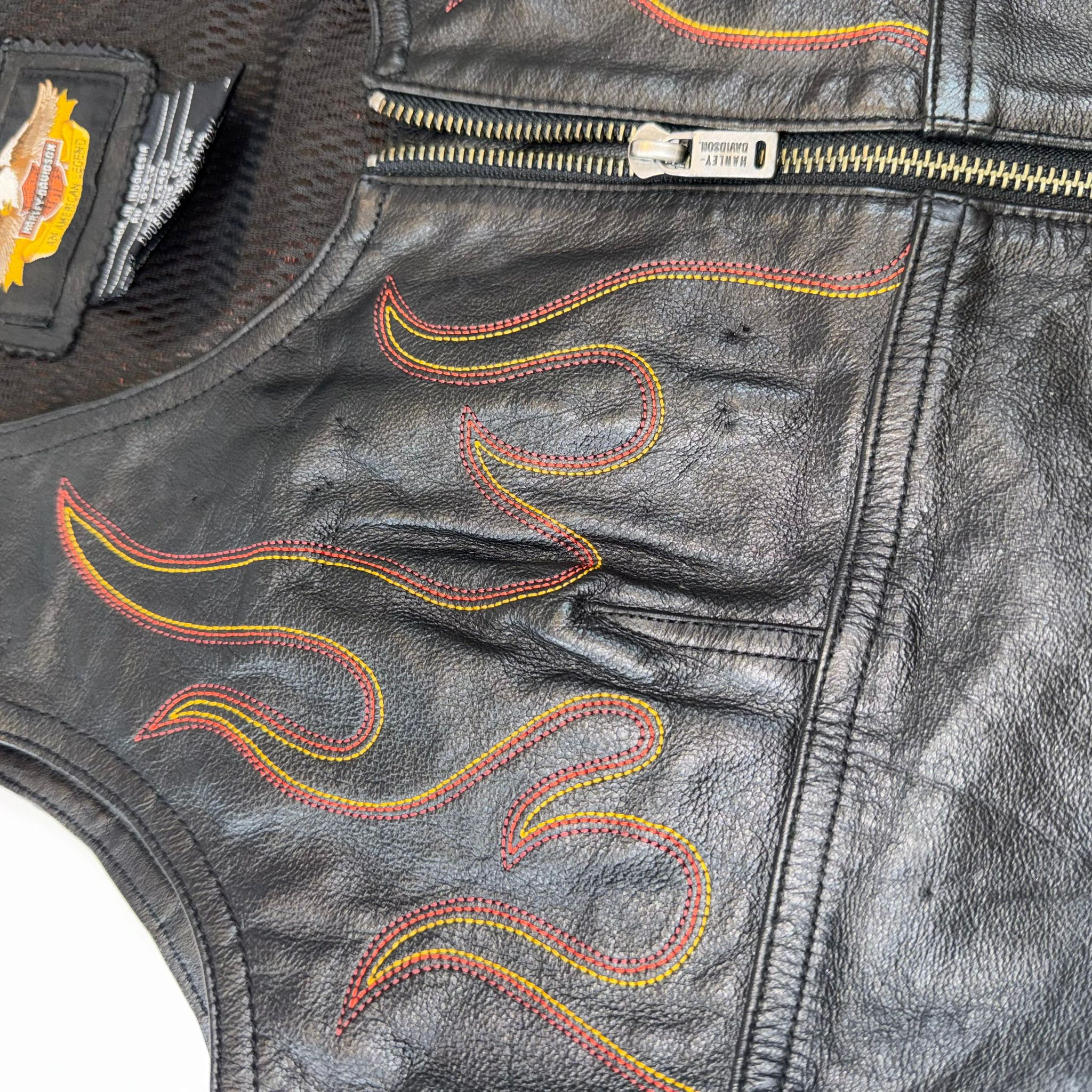 Harley-Davidson Genuine Leather Flame Vest Black Women's Medium M Biker Motorcycle Y2K