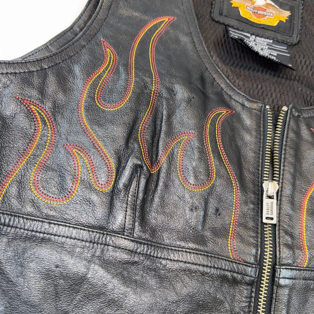 Harley-Davidson Genuine Leather Flame Vest Black Women's Medium M Biker Motorcycle Y2K