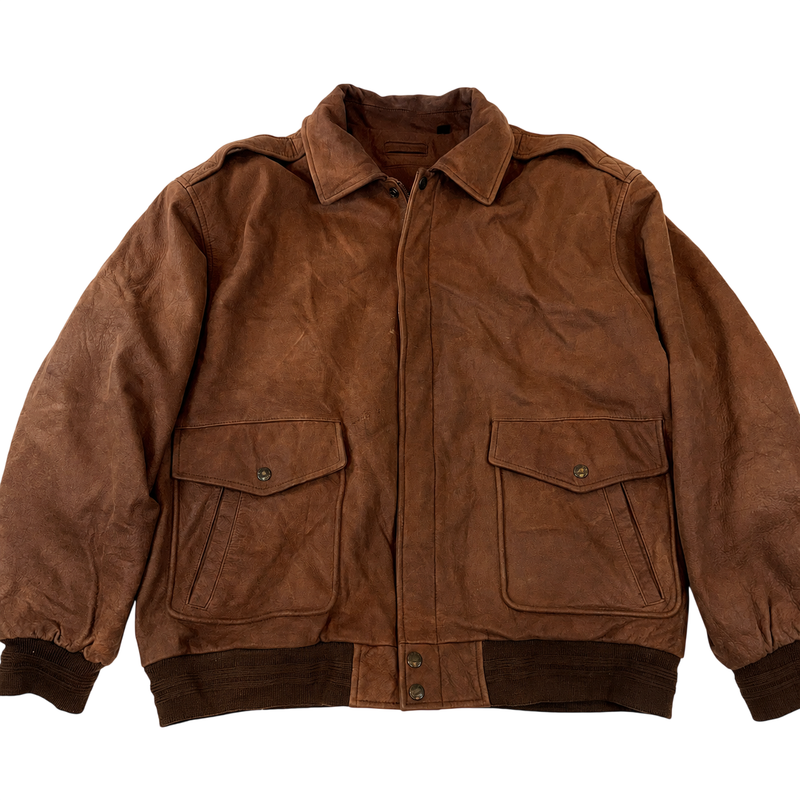 Roundtree & Yorke Genuine Leather Brown Bomber Jacket XL Vintage Aviator Flight Jacket