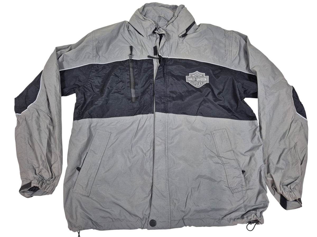 Harley-Davidson Riding Gear Nylon Jacket Grey Black Bar Shield Reflective Mens L