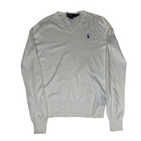 Polo Ralph Lauren V Neck Jumper Ivory Cotton Knit Slim Fit Size S