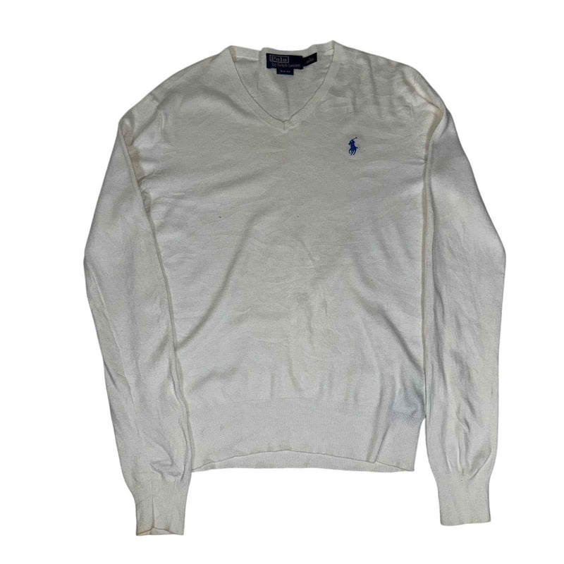 Polo Ralph Lauren V Neck Jumper Ivory Cotton Knit Slim Fit Size S