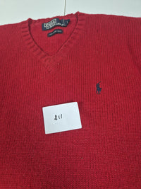 Polo Ralph Lauren Vintage 90s Lambswool V-Neck Jumper Red Navy Pony Mens Size L