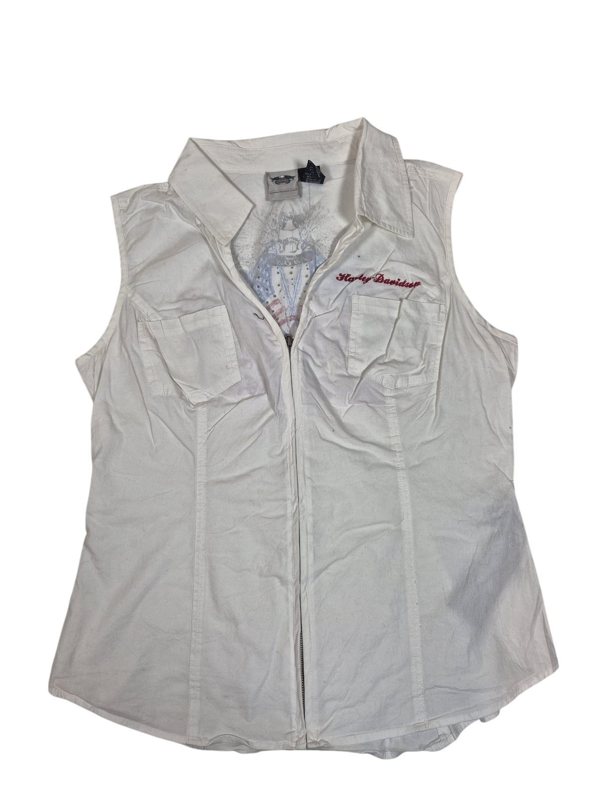 Harley-Davidson Womens Sleeveless Zip Shirt Rhinestone American Flag White Size L