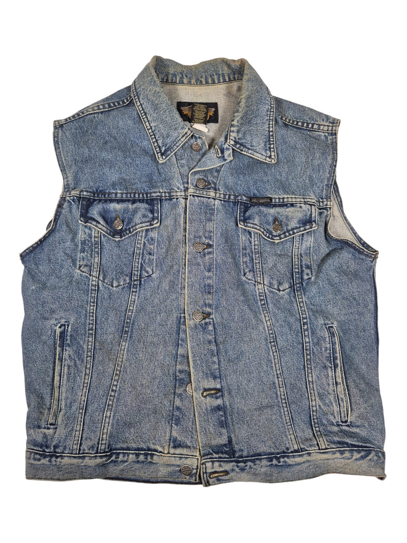 Harley-Davidson Vintage 90s Denim Vest Bar Shield Back Patch Biker Mens M