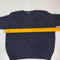 Polo Ralph Lauren Cable Knit Jumper Navy V-Neck Cotton Mens Size XXL