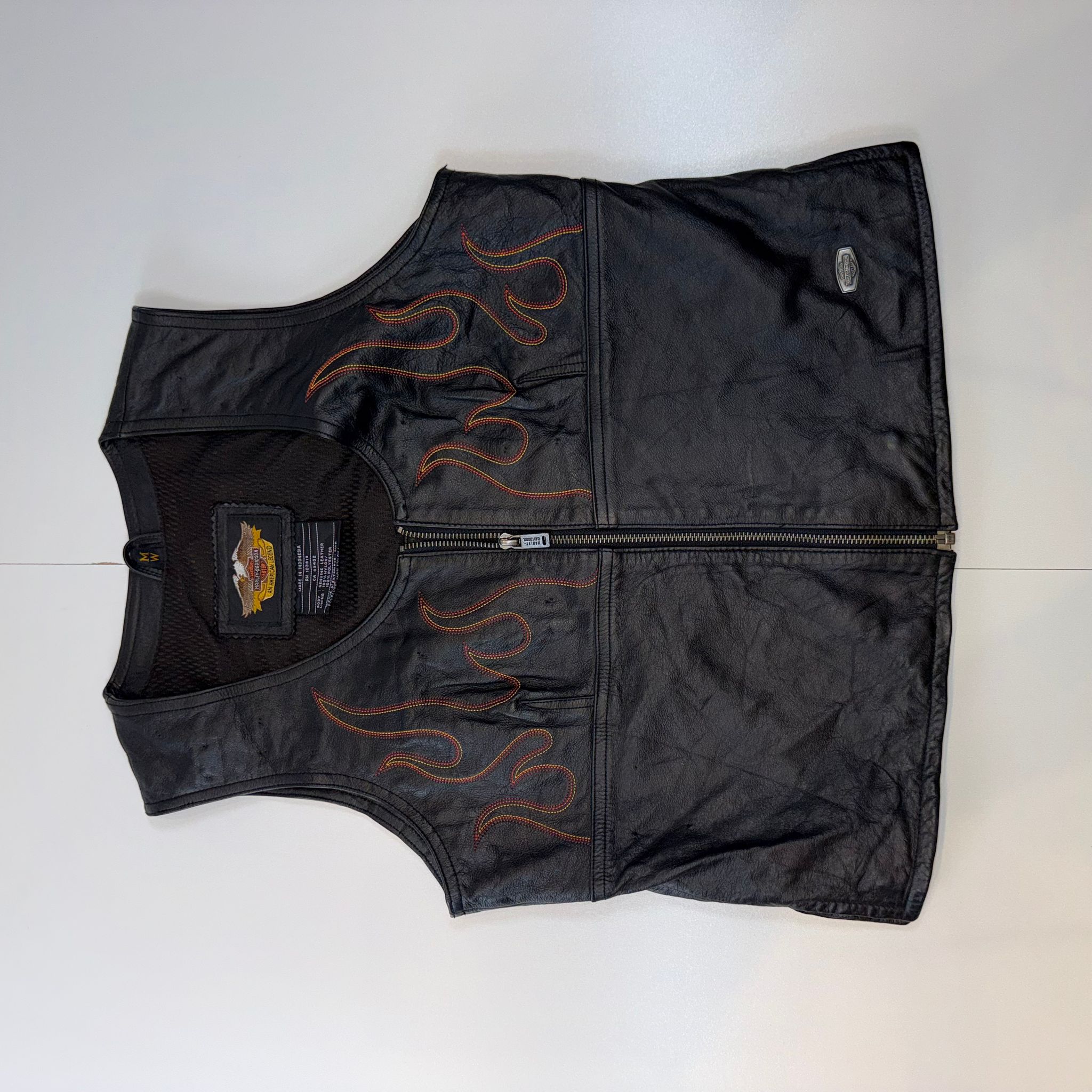 Harley-Davidson Genuine Leather Flame Vest Black Women's Medium M Biker Motorcycle Y2K