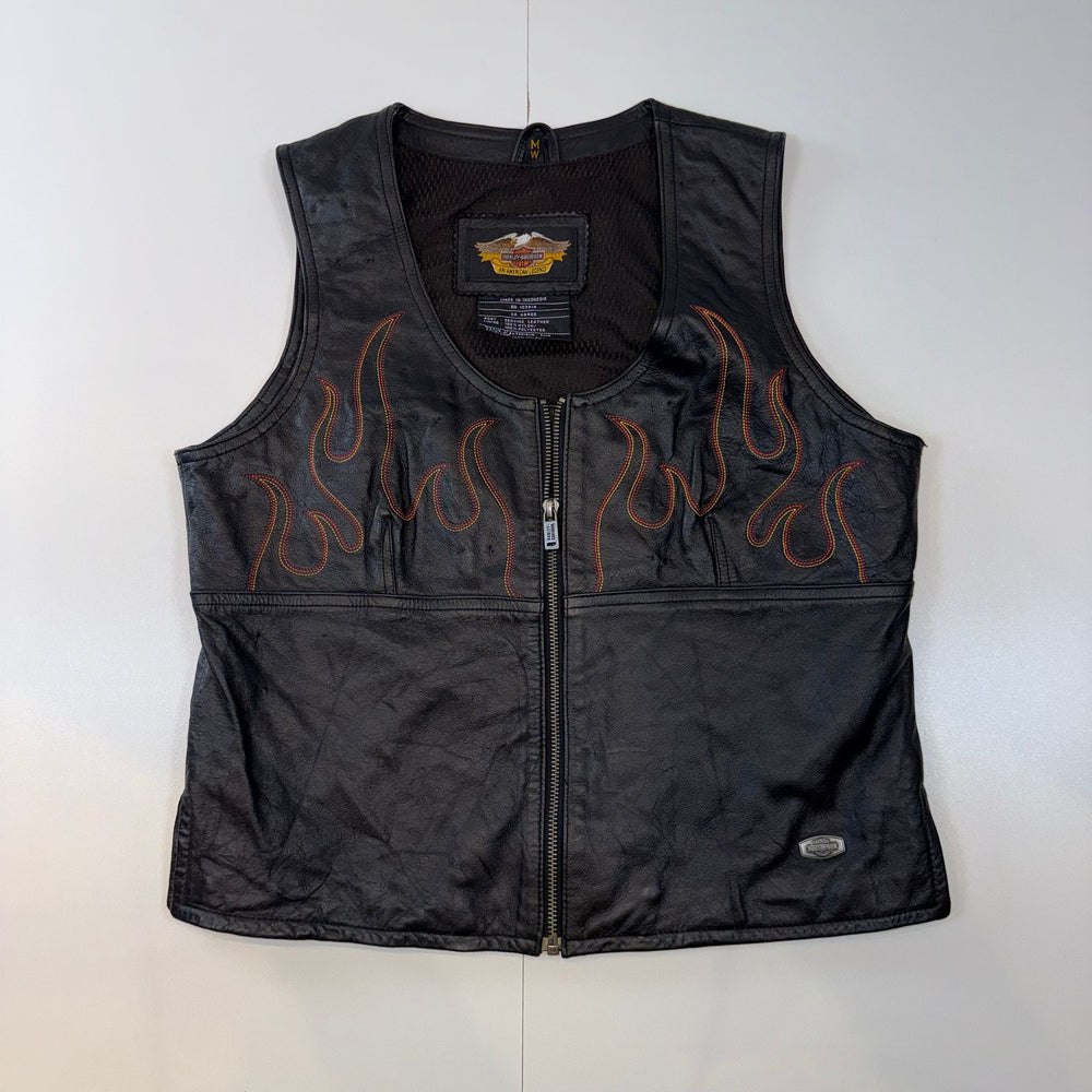 Harley-Davidson Genuine Leather Flame Vest Black Women's Medium M Biker Motorcycle Y2K