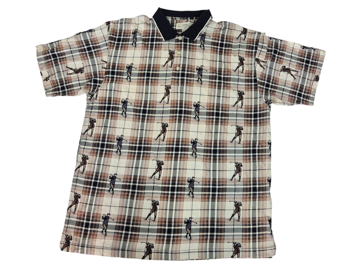 Natural Issue Polo Shirt Tartan Check Golfer Print Novelty Cotton Size XL