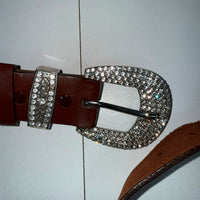 Western Rhinestone Buckle Genuine Leather Belt Brown Size 36
