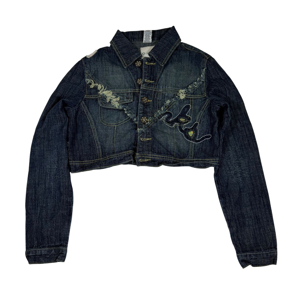 AKDMKS Cropped Denim Jacket Distressed Embroidered Dark Indigo UK 8 Y2K