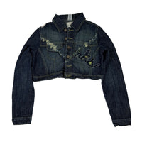 AKDMKS Cropped Denim Jacket Distressed Embroidered Dark Indigo UK 8 Y2K