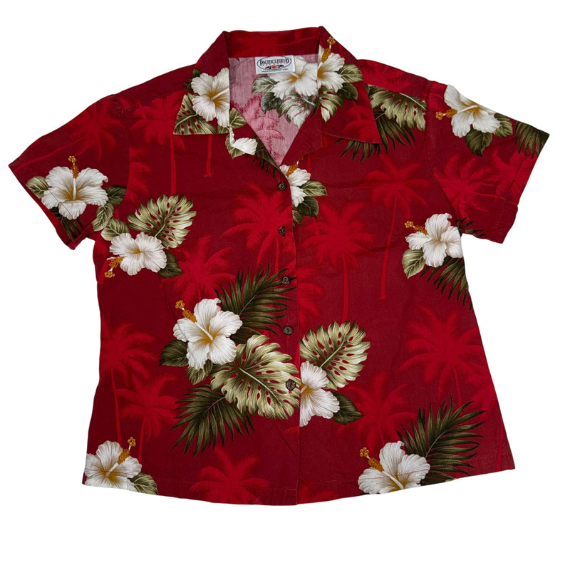 Pacific Legend Hawaiian Shirt Red Hibiscus Floral Womens Size M Cotton