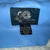 Raw Blue Faux Leather Varsity Jacket with Dragon Embroidery – Size XL