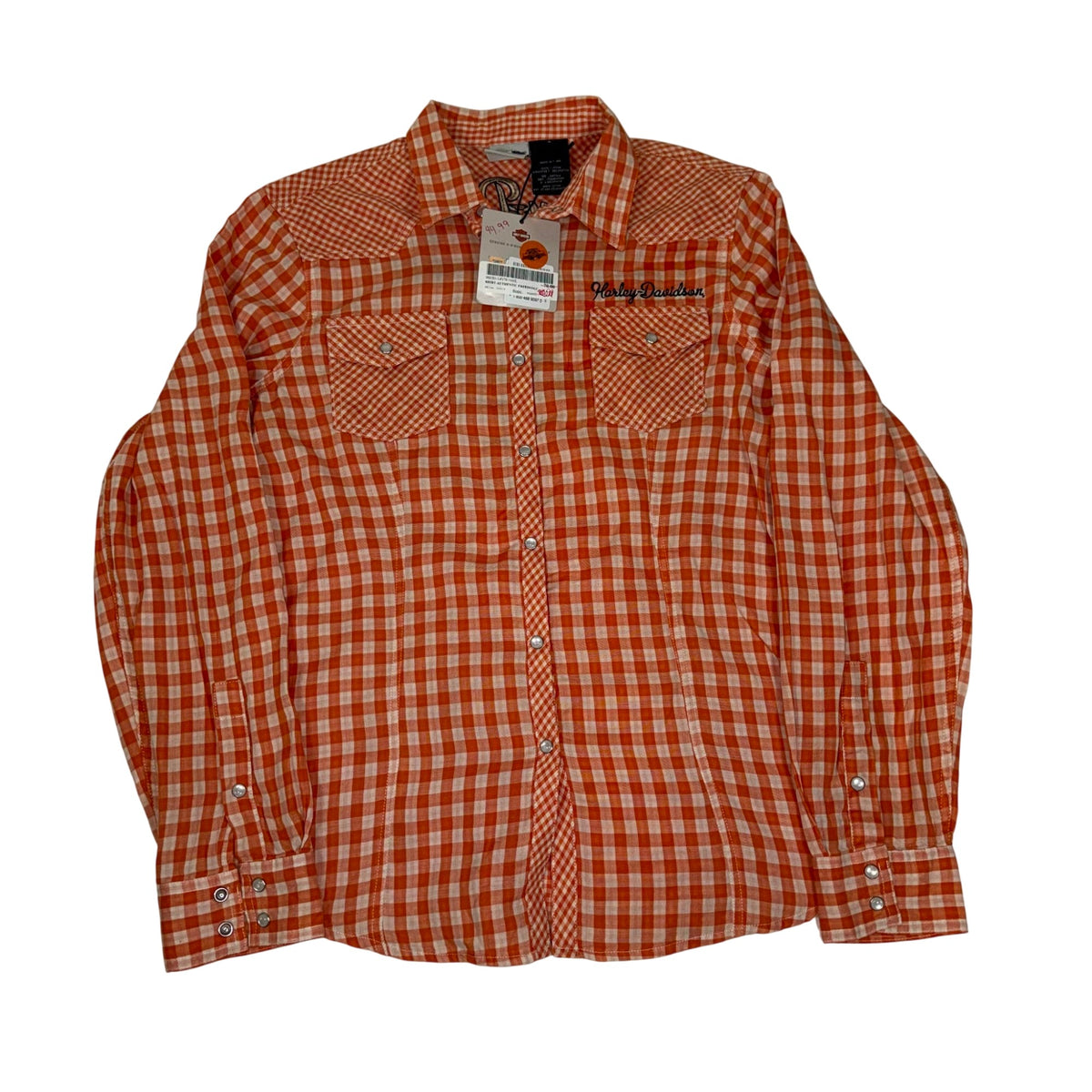 Harley Davidson Womens Gingham Snap Shirt Orange White BNWT Size L
