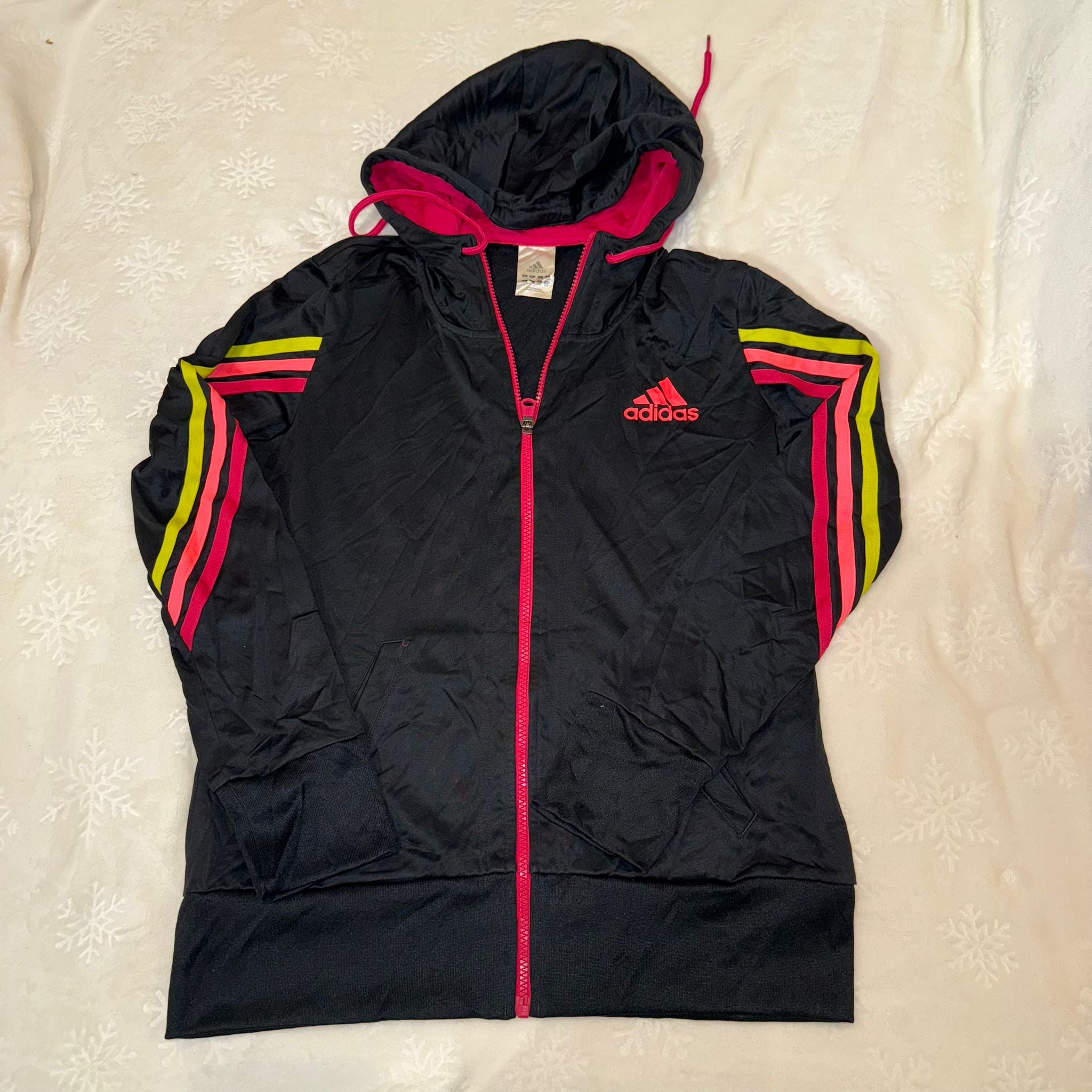 Adidas Black Full-Zip Hooded Jacket With Pink Zip & Neon Sleeve Stripes