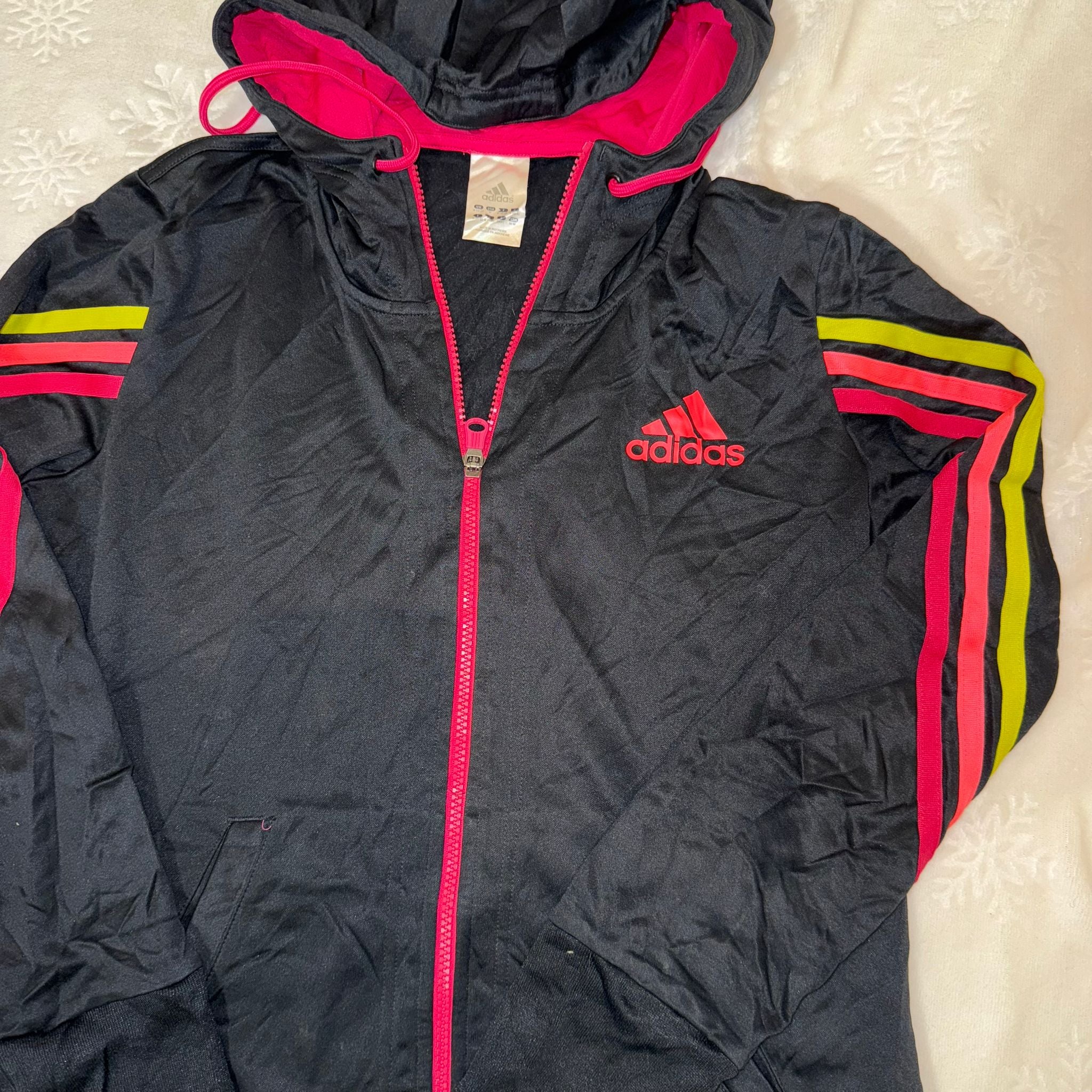 Adidas Black Full-Zip Hooded Jacket With Pink Zip & Neon Sleeve Stripes
