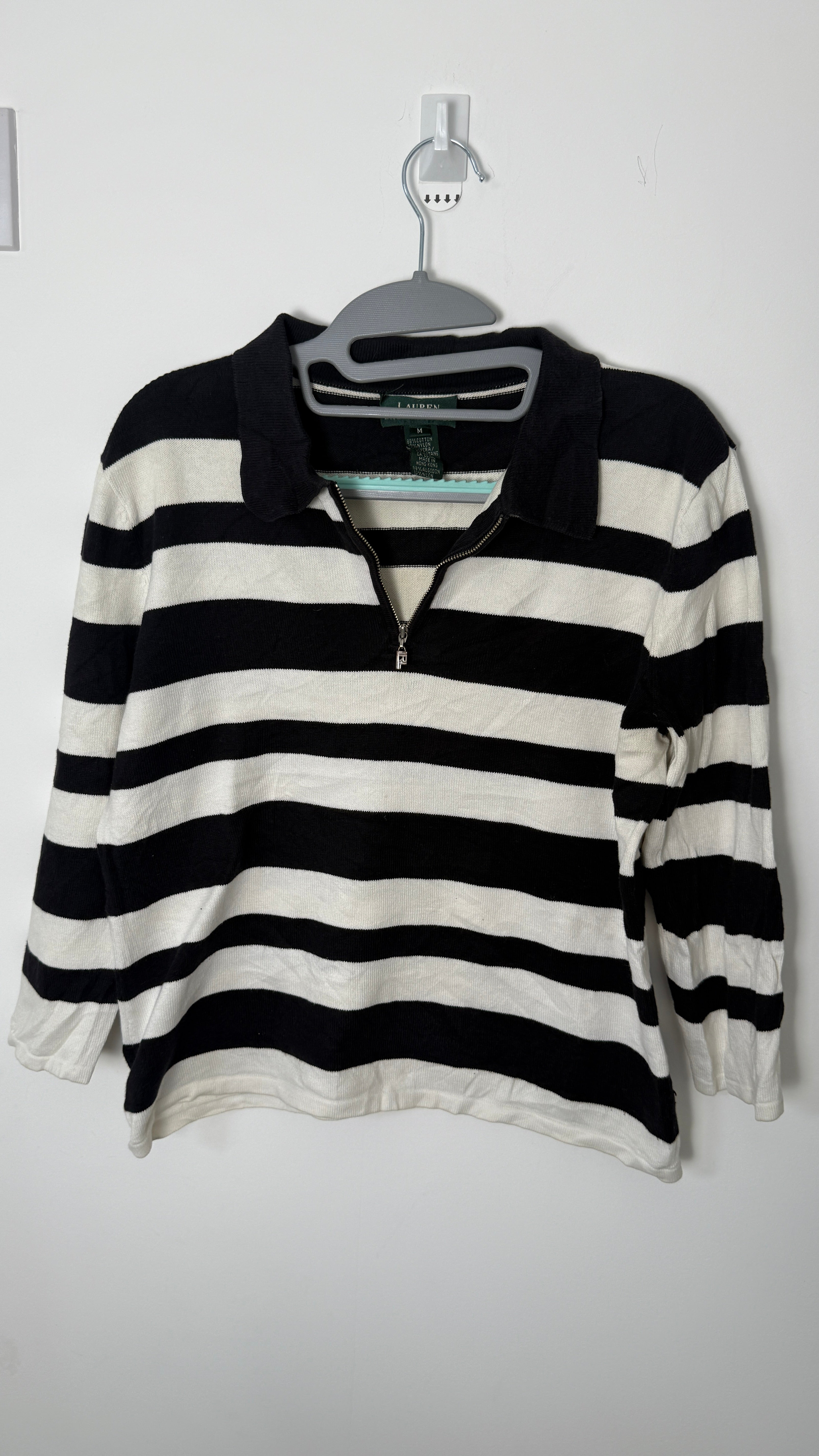 Lauren by Ralph Lauren 1/4 Sleeved Top - Black and White Stripes