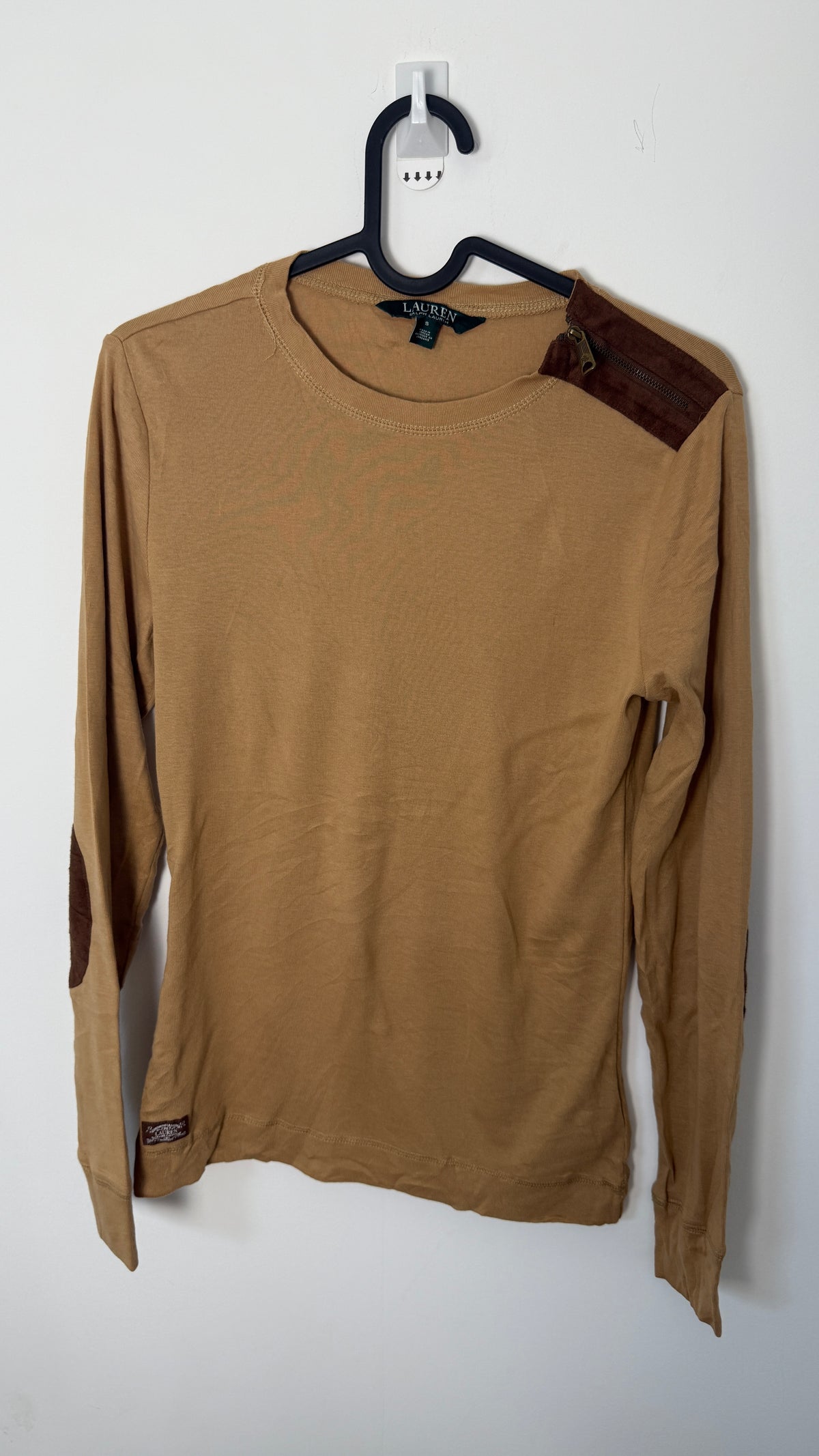 Lauren by Ralph Lauren Long Sleeved Top Brown with Dark brown Accent and zipper shoulder
