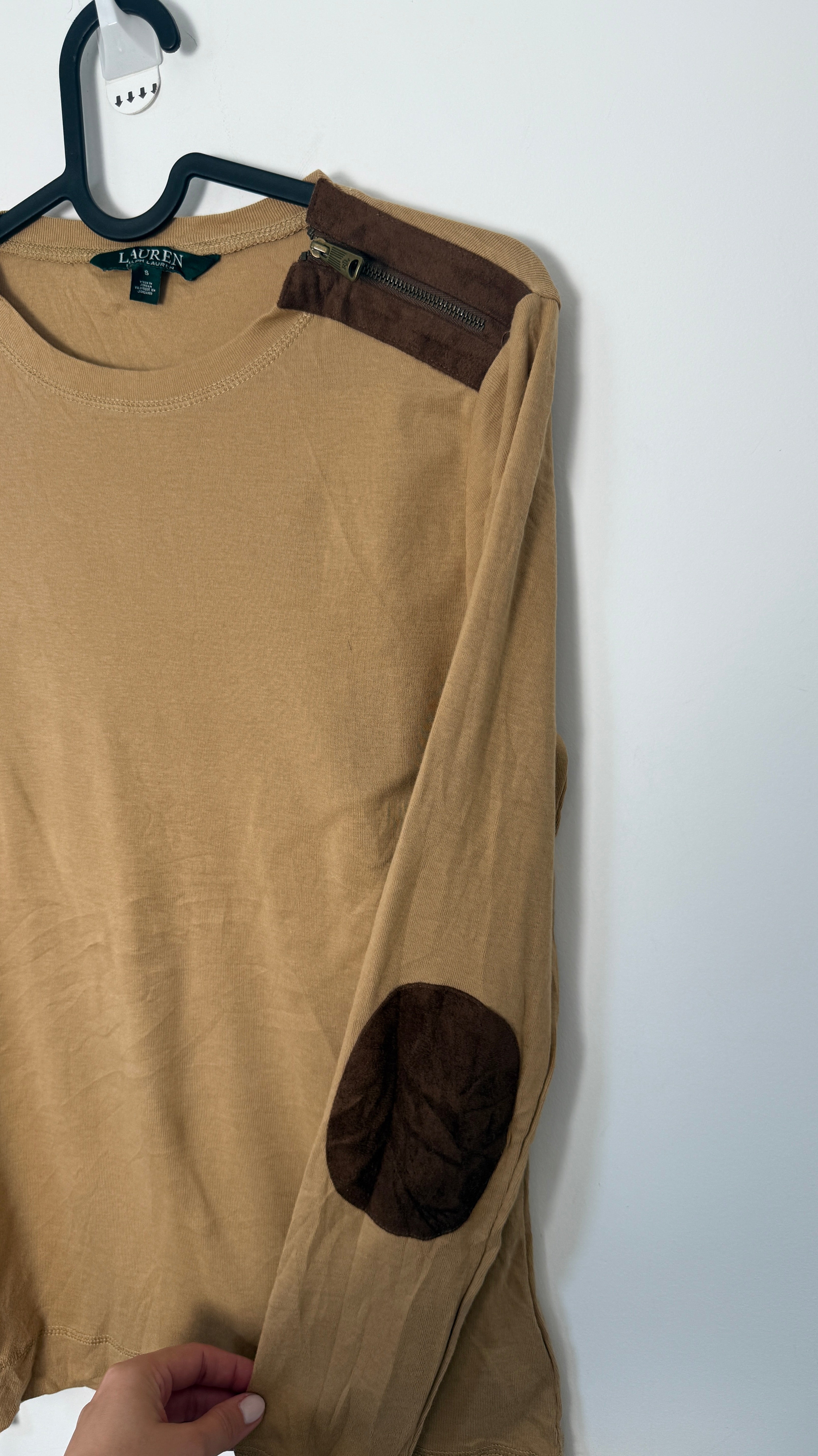 Lauren by Ralph Lauren Long Sleeved Top Brown with Dark brown Accent and zipper shoulder