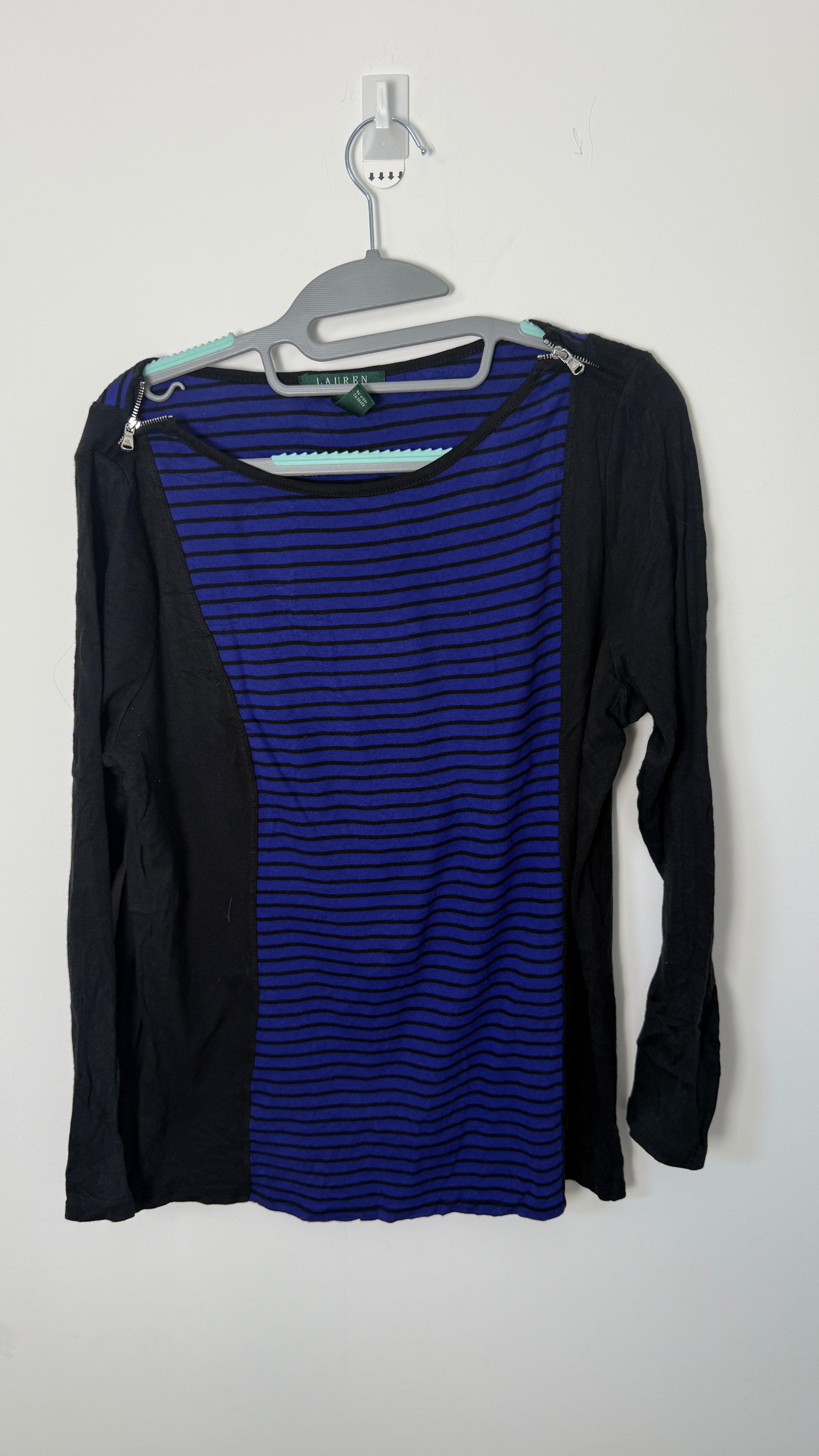 Lauren by Ralph Lauren 1/4 Sleve top - Violet black stripes and shoulder zipper accent