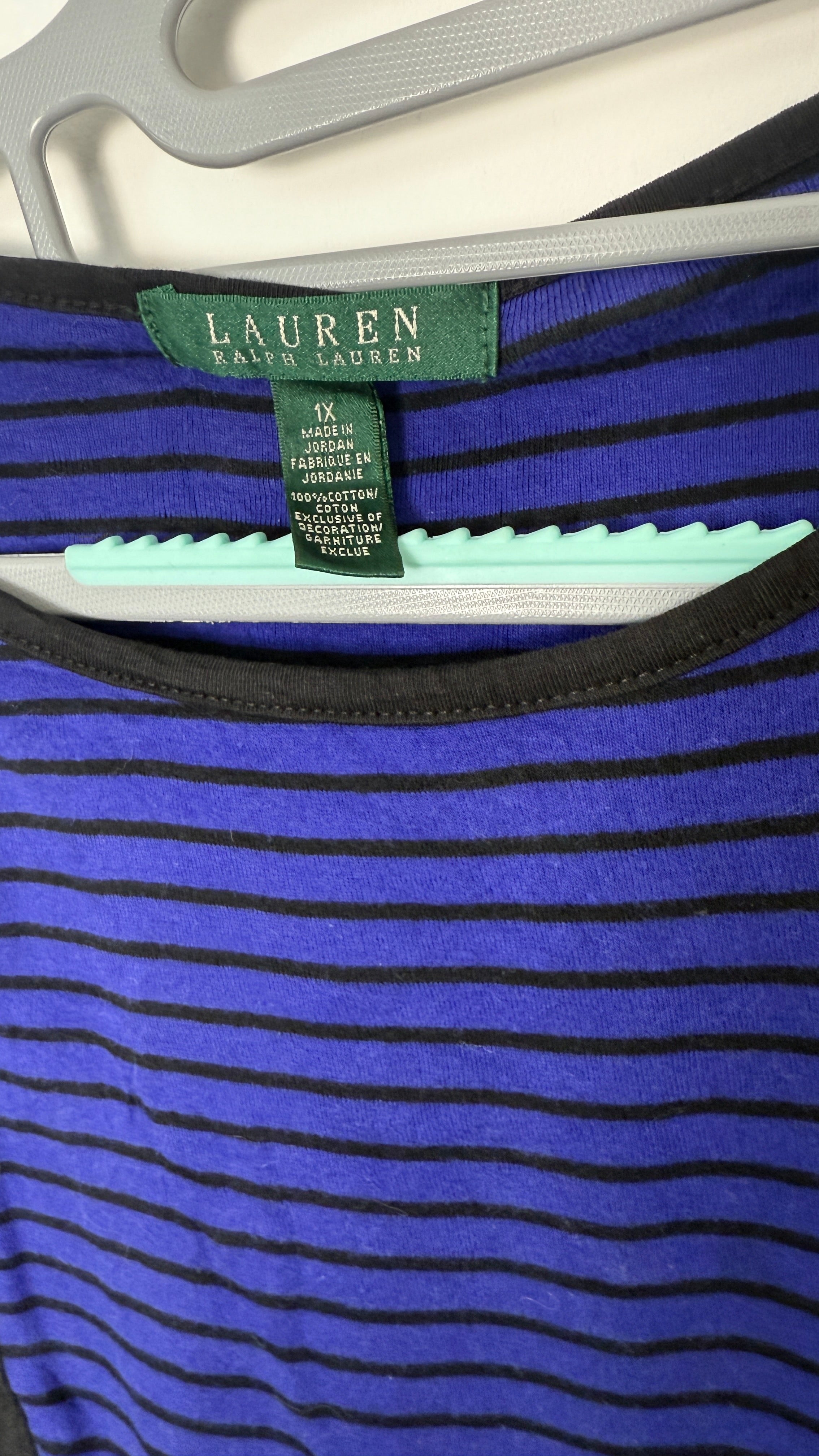 Lauren by Ralph Lauren 1/4 Sleve top - Violet black stripes and shoulder zipper accent