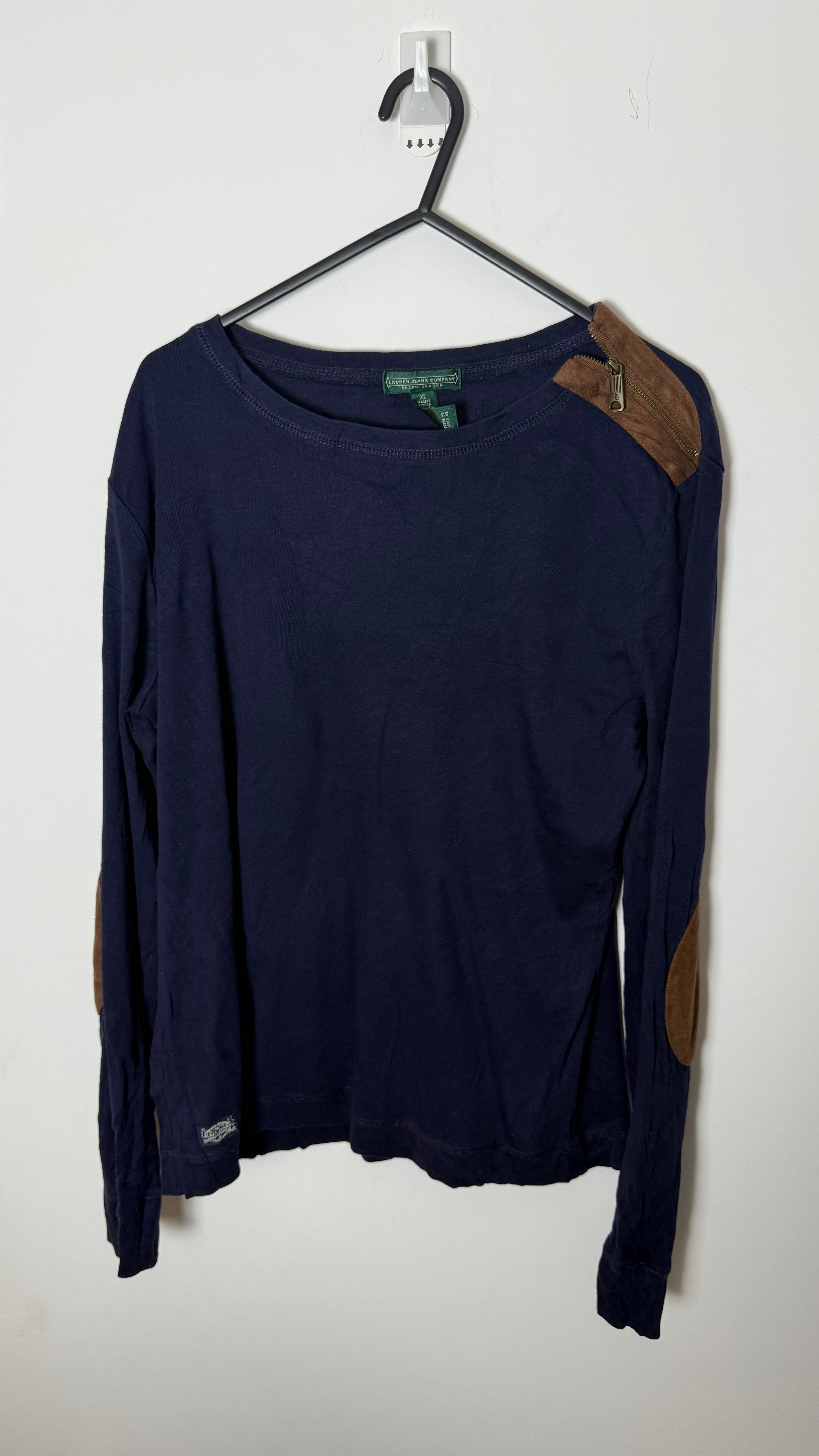 Lauren by Ralph Lauren Long Sleeved Top Blue with Dark brown Accent and zipper shoulder
