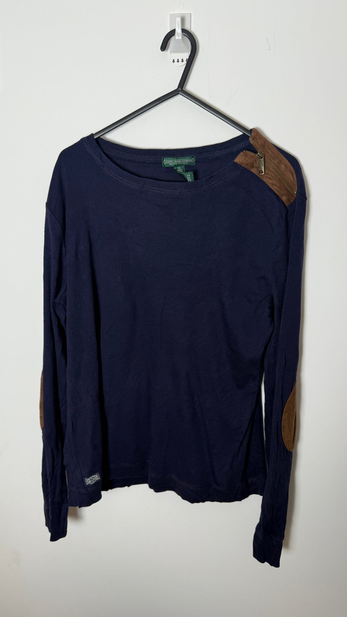 Lauren by Ralph Lauren Long Sleeved Top Blue with Dark brown Accent and zipper shoulder